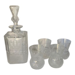 1960s Edinburgh Crystal Thistle Pattern Decanter & 4 Glasses For Sale