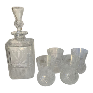 1960s Edinburgh Crystal Thistle Pattern Decanter & 4 Glasses
