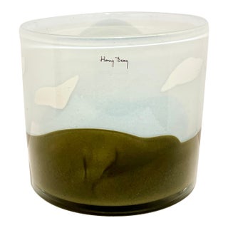 Signed Henry Dean Belgian Mouth-Blown Art Glass Cylinder Vessel / Hurricane Seafoam Blue & Olive For Sale