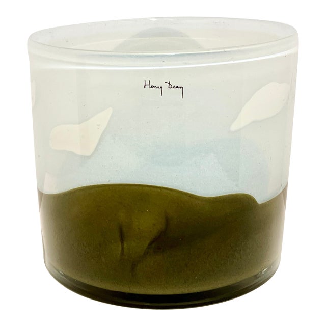 Signed Henry Dean Belgian Mouth-Blown Art Glass Cylinder Vessel / Hurricane Seafoam Blue & Olive For Sale