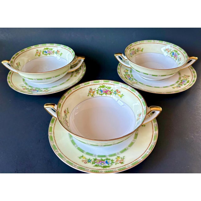 1930s Handled Bowl & Saucer by Meito China, in the Grafton Pattern. These beautiful dinnerware pieces feature Green...