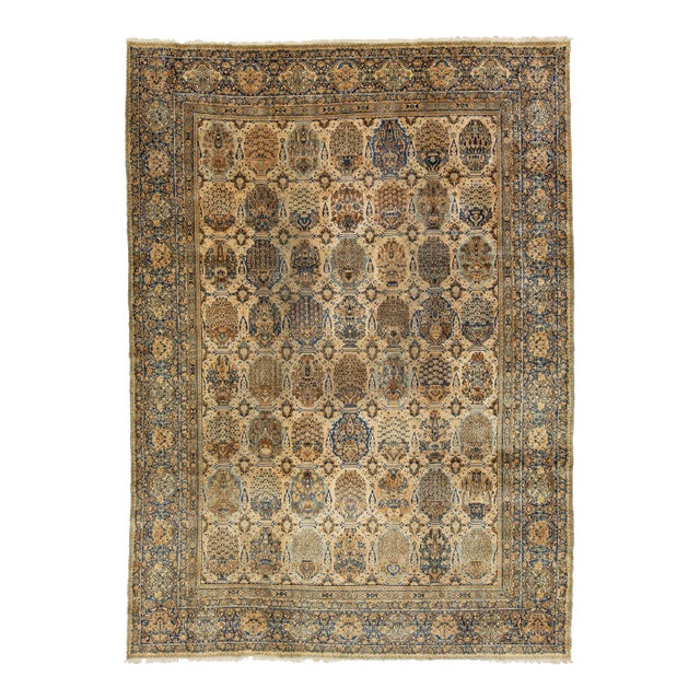 Tan Antique Persian Kerman Wool Rug With Allover Pattern | Chairish