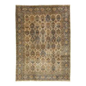 Tan Antique Persian Kerman Wool Rug With Allover Pattern