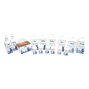 1920s-1940s Vintage Delft-Style Dutch Windmill Motif Kitchen Canister and Cruet Set