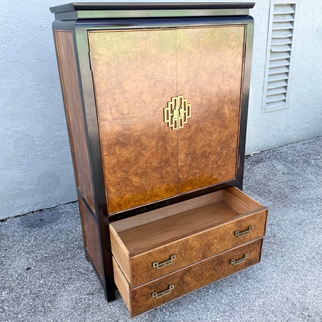 Chinoiserie Vintage Chinoiserie Burlwood and Black Armoire With Brass Accents by Century Furniture For Sale - Image 3 of 12