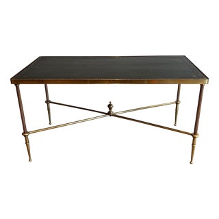 1940s Neoclassical style brass coffee table with black leather top Attributed to Maison Jansen For Sale