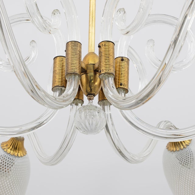 Metal Vintage Italian Art Deco Murano Glass and Brass Chandelier by Ercole Barovier, 1935s For Sale - Image 7 of 9