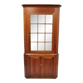 Antique Colonial Primitive Cherry Wood Glass Front Corner China Cabinet Cupboard For Sale