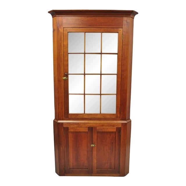 Antique Colonial Primitive Cherry Wood Glass Front Corner China Cabinet Cupboard For Sale