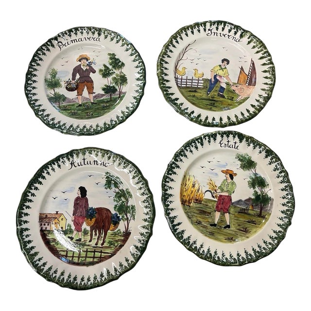 Set of Four Vintage Italian Hand-Painted Faience "Four Seasons" Ceramic Plates For Sale