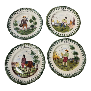 Set of Four Vintage Italian Hand-Painted Faience "Four Seasons" Ceramic Plates