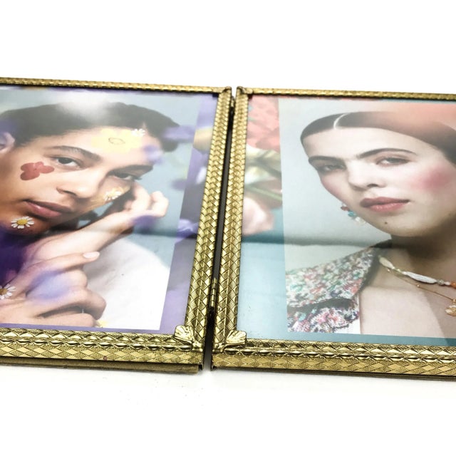 Metal Golden Tone Vintage Double Side Desktop Photo Display For Sale - Image 7 of 10