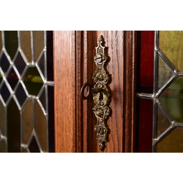 Brown Antique French Renaissance Revival Carved Oak Breakfront Bookcase or Bar Cabinet With Stained Leaded Glass Doors, Circa 1890s For Sale - Image 8 of 14