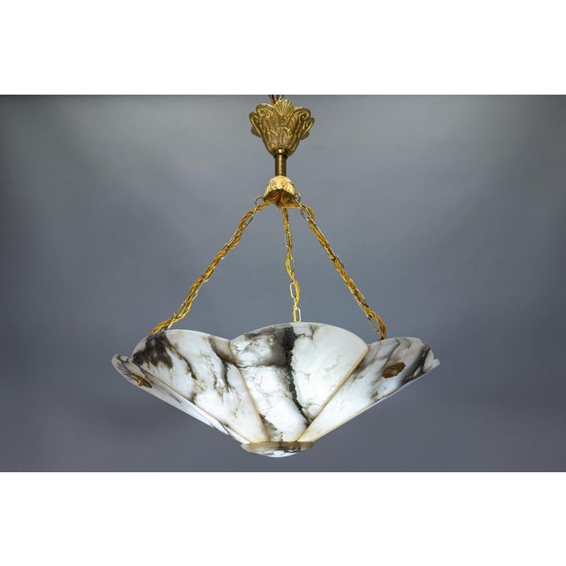 French Art Deco Black & White Veined Alabaster and Bronze Chandelier, 1920 For Sale - Image 16 of 18