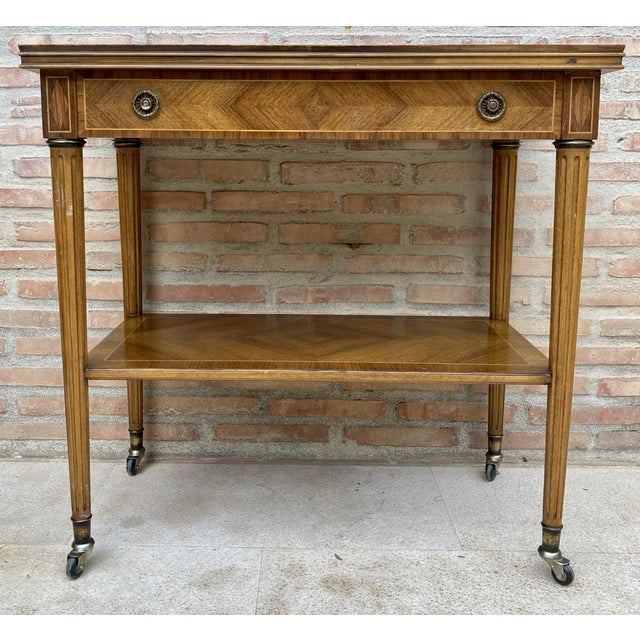 Neoclassic French Marquetry Side Table with One Drawer and Wheels, 1940s For Sale - Image 15 of 15