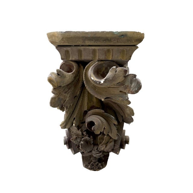 Extraordinary antique French sculpted plaster corbel with heavy details of acanthus leaves and a crown at the base. This...