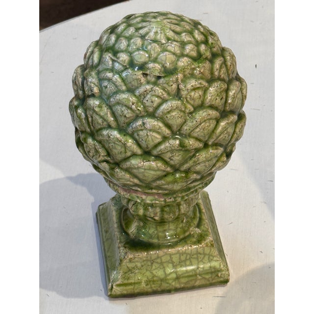 1950s Pair of Green Glazed Ceramic Artichoke Finials on Plinths For Sale - Image 4 of 7
