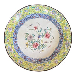 Antique 18th C. Chinese Qianlong Period (1736 - 1795) Canton Dish Painted Enamel on Copper With Flowers, Cricket and Bat For Sale
