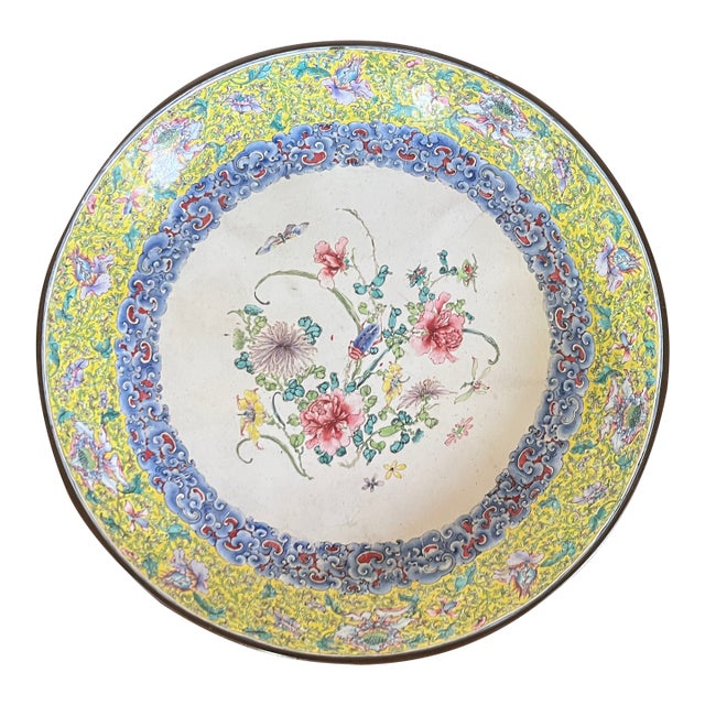 Antique 18th C. Chinese Qianlong Period (1736 - 1795) Canton Dish Painted Enamel on Copper With Flowers, Cricket and Bat For Sale