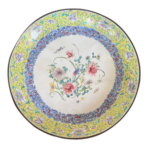 Antique 18th C. Chinese Qianlong Period (1736 - 1795) Canton Dish Painted Enamel on Copper With Flowers, Cricket and Bat