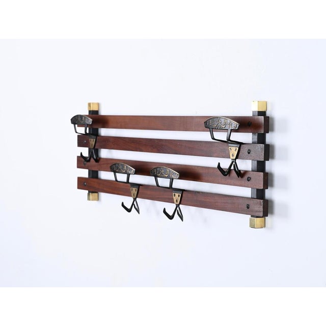 Italian Coat Rack in Teak, Brass and Black Enameled Iron, Italy, 1960s For Sale - Image 6 of 17