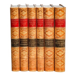 Stunning 6 Volume Ornate Victorian Antique Leather Spine Books Works of Henry Wadsworth Longfellow Home Office Shelf Decor For Sale