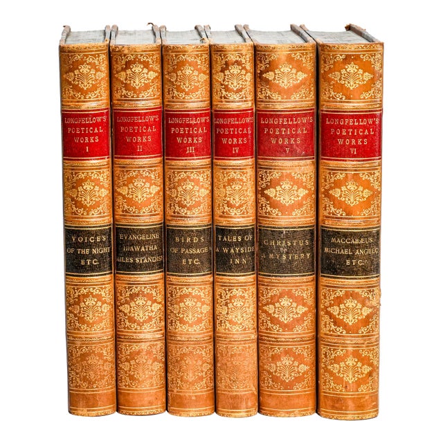 Stunning 6 Volume Ornate Victorian Antique Leather Spine Books Works of Henry Wadsworth Longfellow Home Office Shelf Decor For Sale