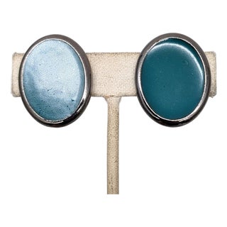 Vintage 1980s Signed Ysl Yves Saint Laurent Oval Green Enamel Clip Earrings-2 Pieces For Sale