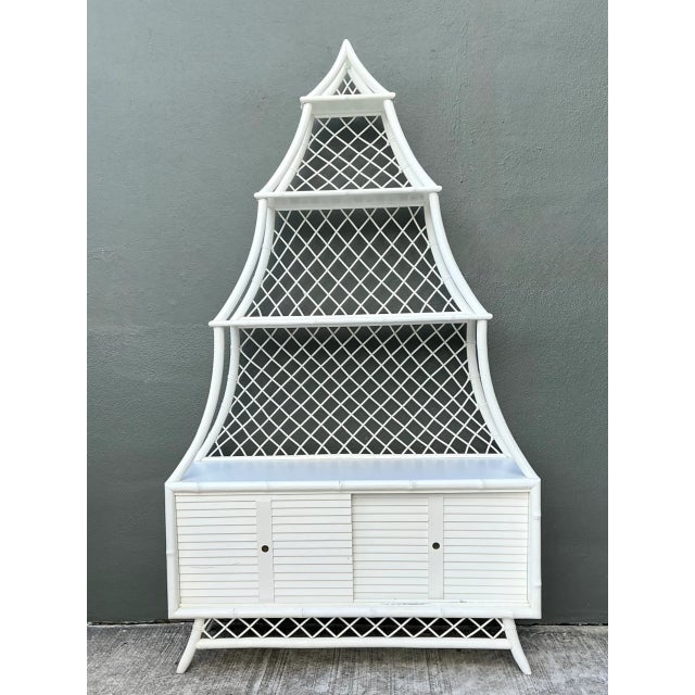 Mid-Century Modern Vintage White Rattan Pagoda Etagere For Sale - Image 3 of 12