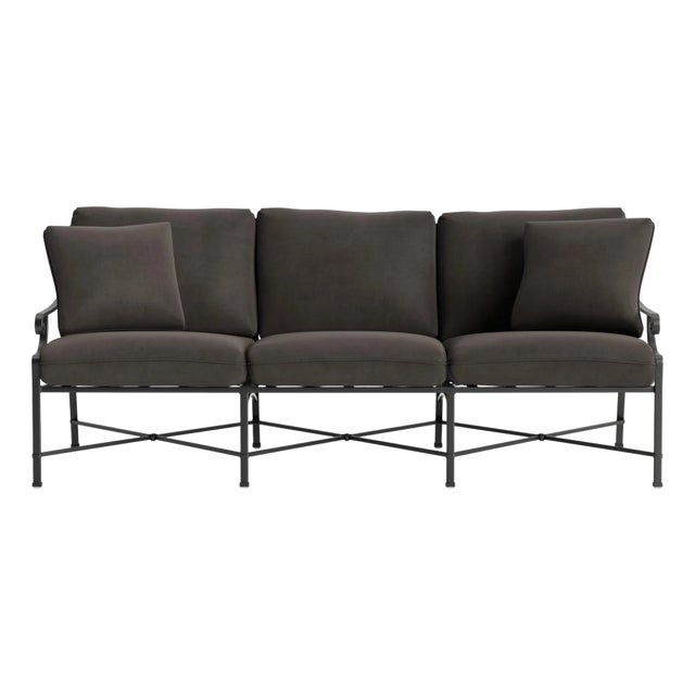 Brown Jordan Venetian Sofa, Textured Pewter frame with Fusion Charcoal fabric For Sale