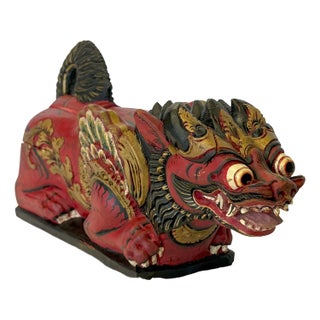 Balinese Carved Wood Singa Lion Sacred Ritual Box From Takashimaya New York C1983 For Sale