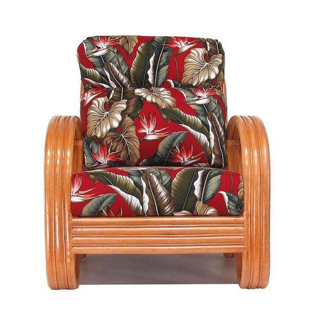 New old stock 3-strand ¾ rattan "Kauai" Lounge Chair featuring 3/4 pretzel chair arms with sloped back. Add that mid-20th-...