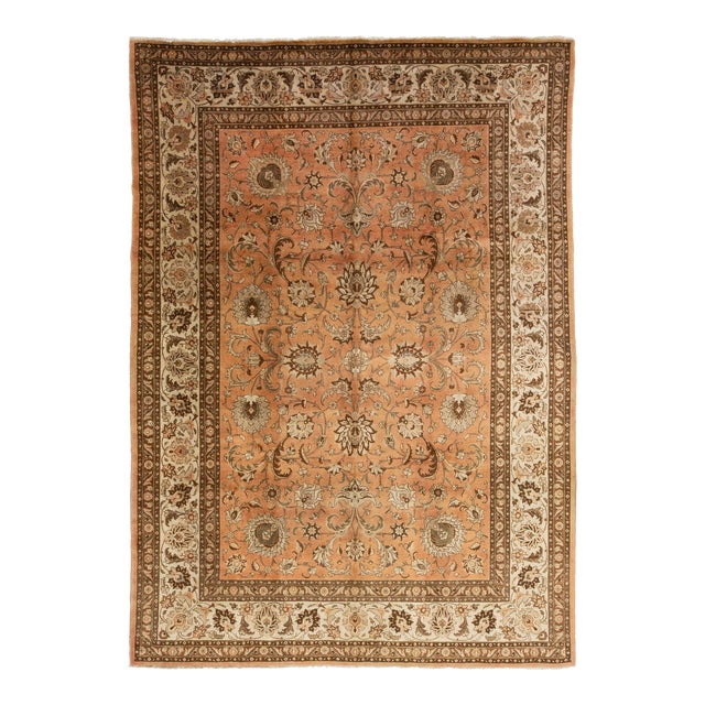 Antique Peach Persian Tabriz Wool Rug Floral Designed For Sale