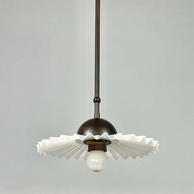 French Art Deco White Opaline Glass and Burnished Brass Pendant, 1940s For Sale - Image 14 of 18