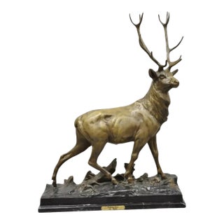"Walking Deer" Bronze Stag Statue Sculpture on Marble Base After Charles Paillet For Sale