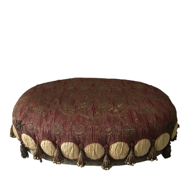 Palatial Distressed Gold Bullion Burgundy Oval Ottoman For Sale