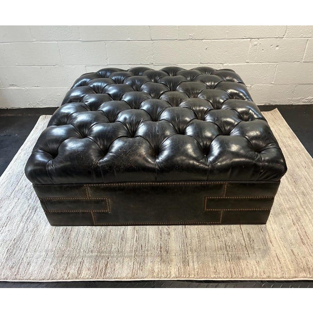 Vintage Large Leather Tufted Ottoman With Nail-Head Detail Coffee Table For Sale - Image 10 of 10