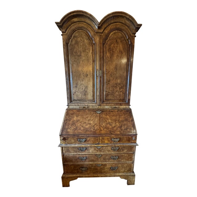 Vintage George III Style Burton-Ching Burl Walnut Secretary Desk Bookcase For Sale