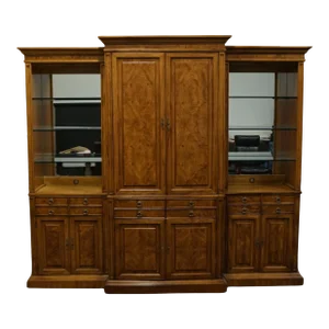 American of Martinsville Burled Walnut Italian Traditional 96" Three Piece Media Center W. Display Bookcases 7753-775 - 7753/776 - 7753/777