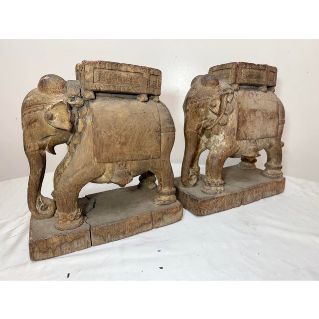 Pair of Antique 1700's Hand Carved Wood India Temple Salvage Elephant Sculptures For Sale In New York - Image 6 of 18