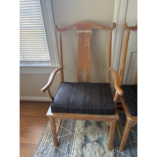 Baker Furniture Company Set of 6 Baker Furniture Chinese Yoke-Back Chairs- 2 Armchairs + 4 Side Chairs, Scrubbed White/ Distressed Finish, 1984 For Sale - Image 4 of 7