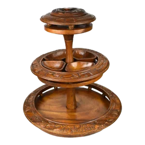 Mid 20th Century Wood Carved Lazy Susan 3 Tier Centerpiece Serving Set