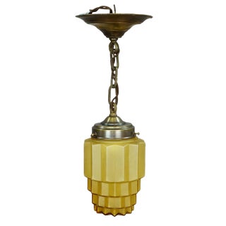 Geometric Art Deco Pendant Light With Yellow Glass Shade Ca. 1930 For Sale