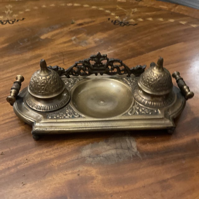 Renaissance Revival Victorian style ornate brass double inkwell tray desk Standish with two handles. Floral and Foliate...