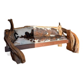 Rustic Live-Edge Handmade Sofa, Genuine Cowhide Upholstery For Sale
