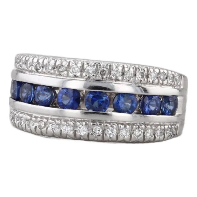 1.20ctw Blue Sapphire Diamond Ring 14k White Gold Size 6 Band For Sale