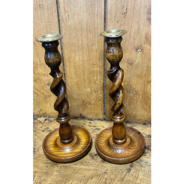 Wood Vintage English Oak and Brass Barleytwist Candlesticks For Sale - Image 7 of 7
