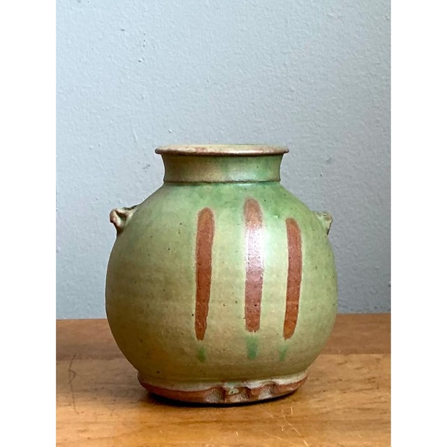 Vintage Green Striped Ceramic Vase For Sale - Image 9 of 12