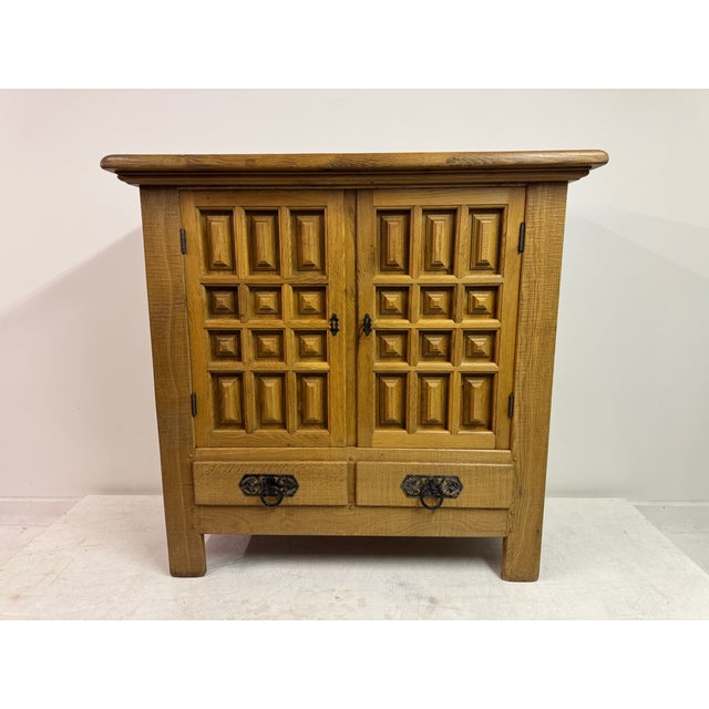 1970s VintageSpanish Style Brutalist Cabinet in Carved Oak, 1970s For Sale - Image 5 of 12