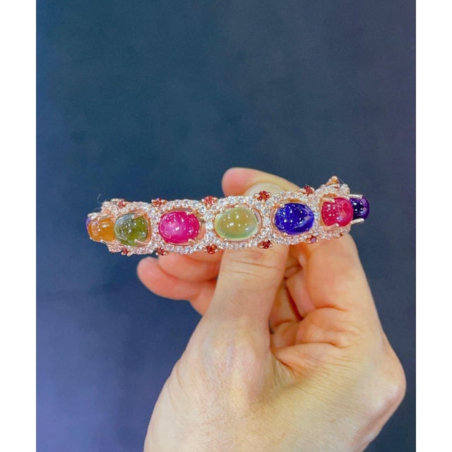 Bochic “Capri” Red Ruby & Multi Color Sapphires Bangle Set In 18K Gold & Silver For Sale - Image 9 of 12